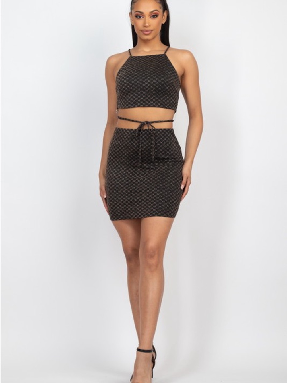 Black and Gold Patterned High-Waist Mini Skirt Set